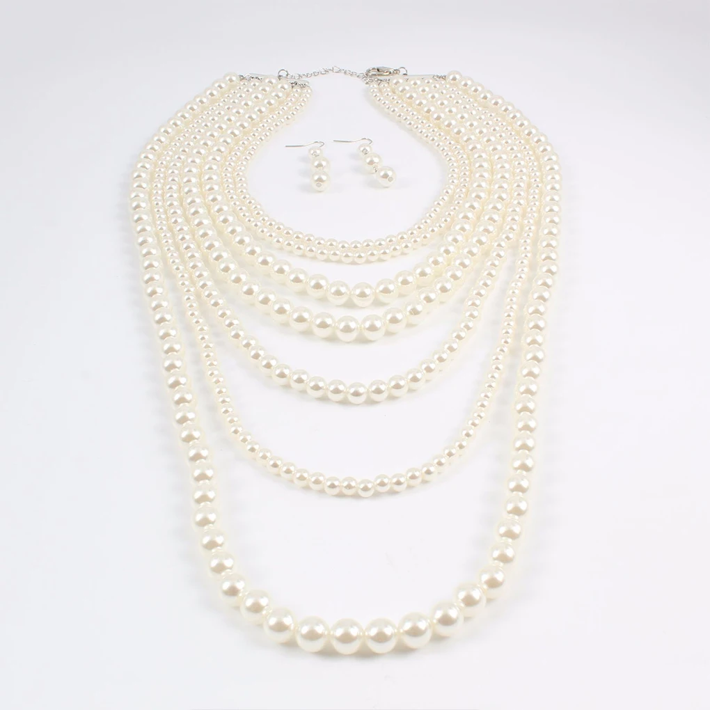 Multiple Layers Necklace Earrings Set Ceremony Party Jewellery Beige