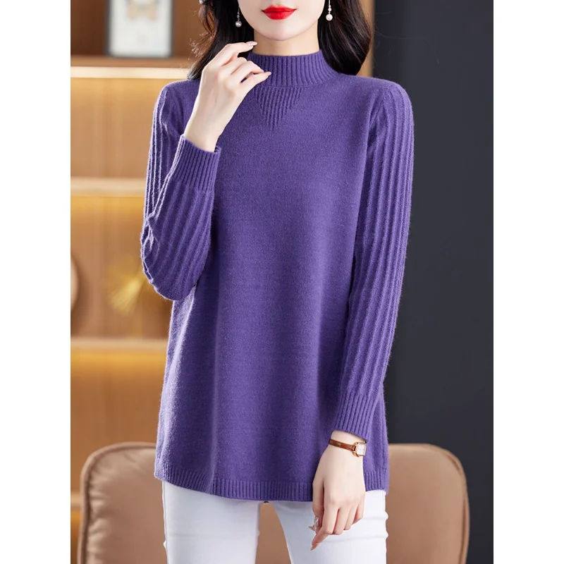 Autumn and Winter Pullover New Korean Version Semi High Neck Sweater for Women, Long and Slim, Mom's Loose Knitted Top