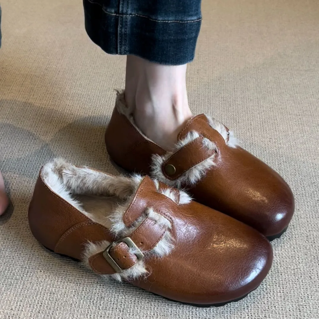 Retro lamb wool one-piece genuine leather brushed brown shoes for women  comfortable and plush shoes for outdoor wear