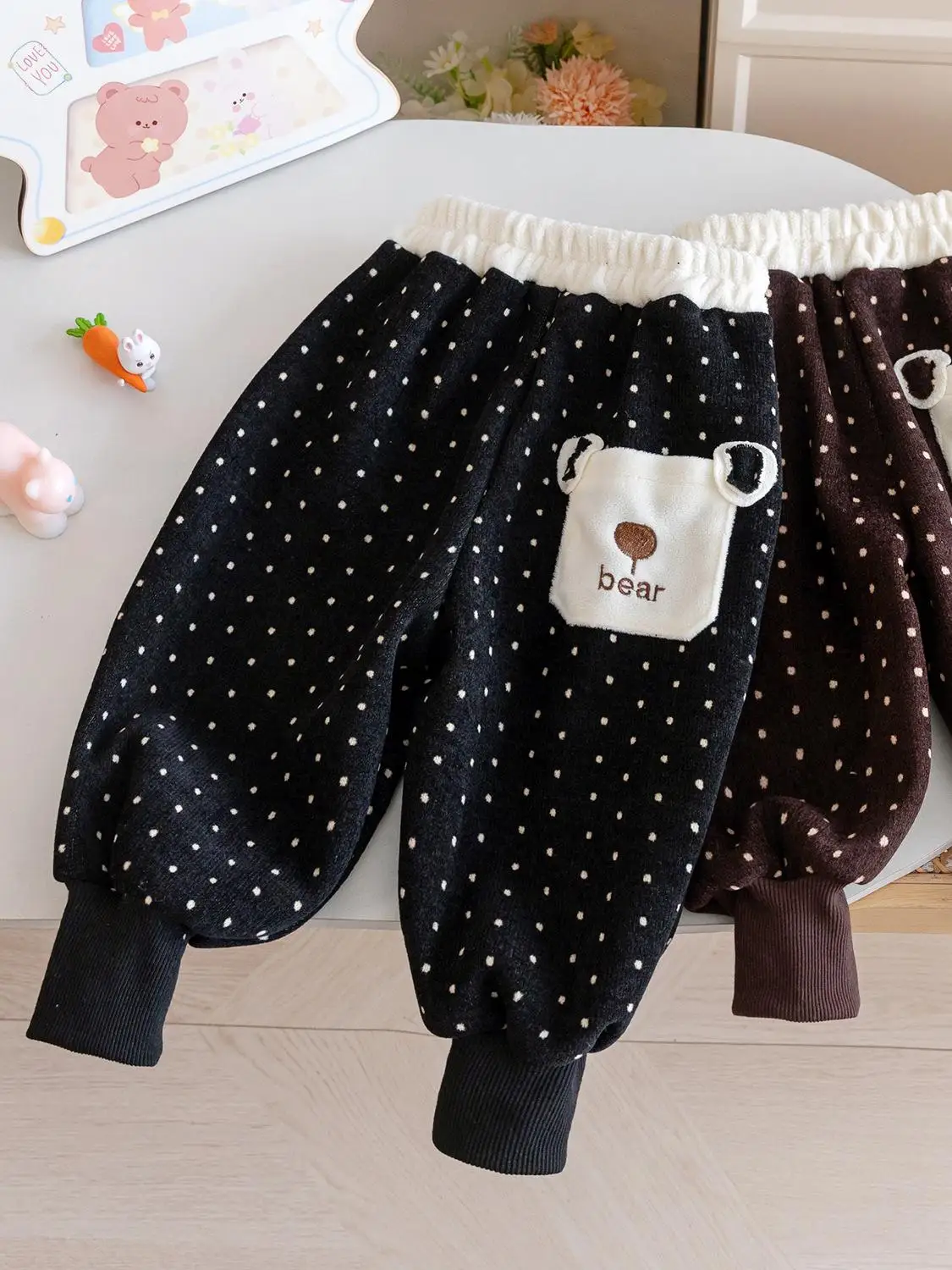 

Зимние брюки Thiened Fce в горошек для девочек, детские бархатные повседневные теплые модные брюки с манжетами «все в одном»