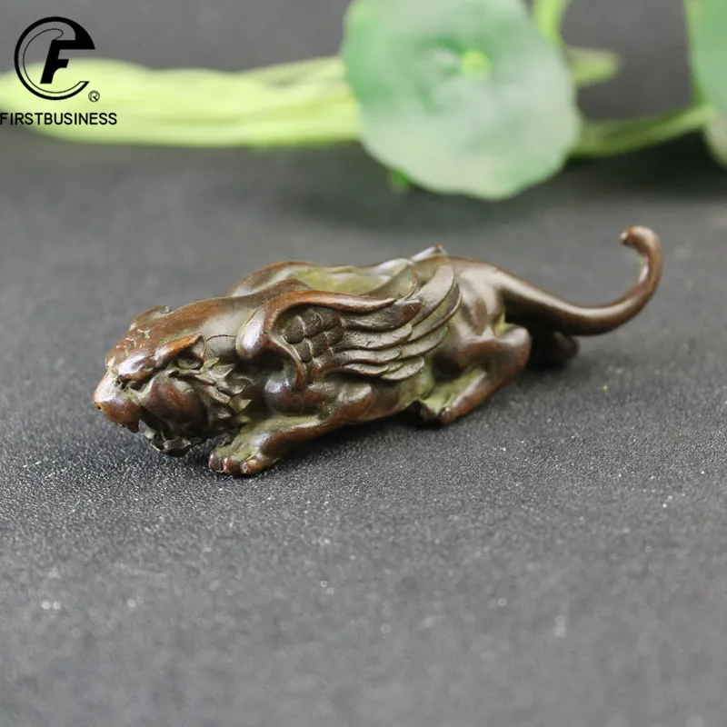 Antique Copper Tiger With Wings Small Statue Desk Ornament Animal Figurines Miniatures Lucky Home Decorations Crafts Accessories