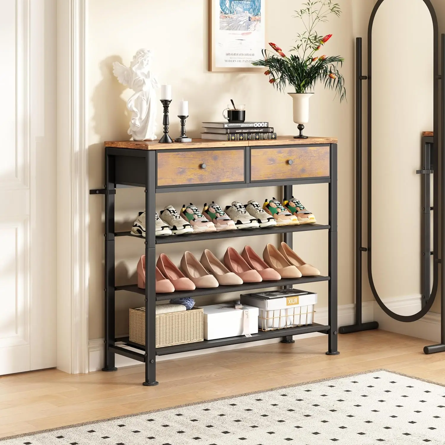 

Shoe Rack, 4 Tier Shoe Organizer for 9-12 Pairs of Shoes, with 2 Drawers, 3 Fabric Shelves and Wooden Top, Shoe Rack fo