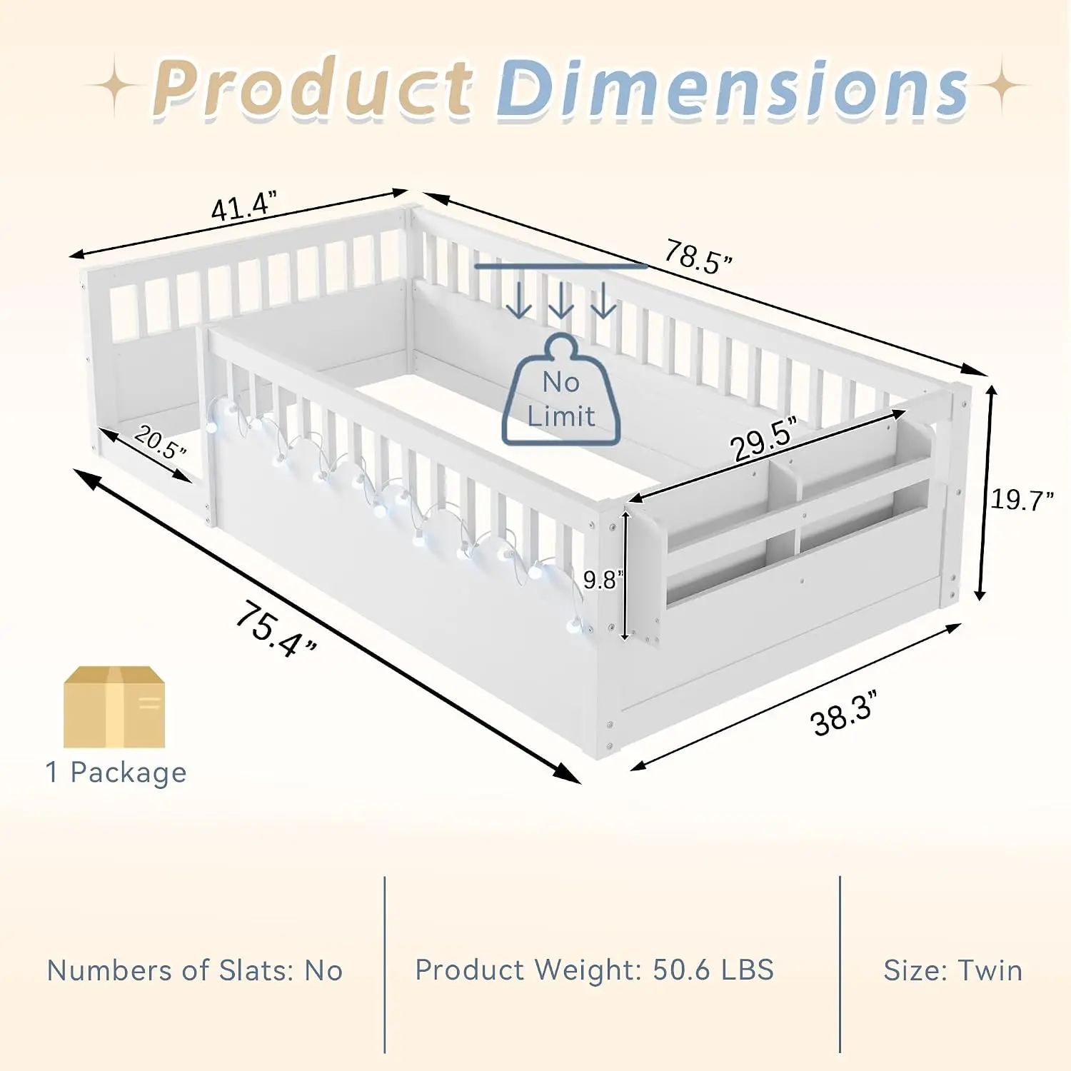 Toddler Floor Bed Twin High Rails Wooden Montessori Frame Light Storage Shelf Kids Boys Girls White