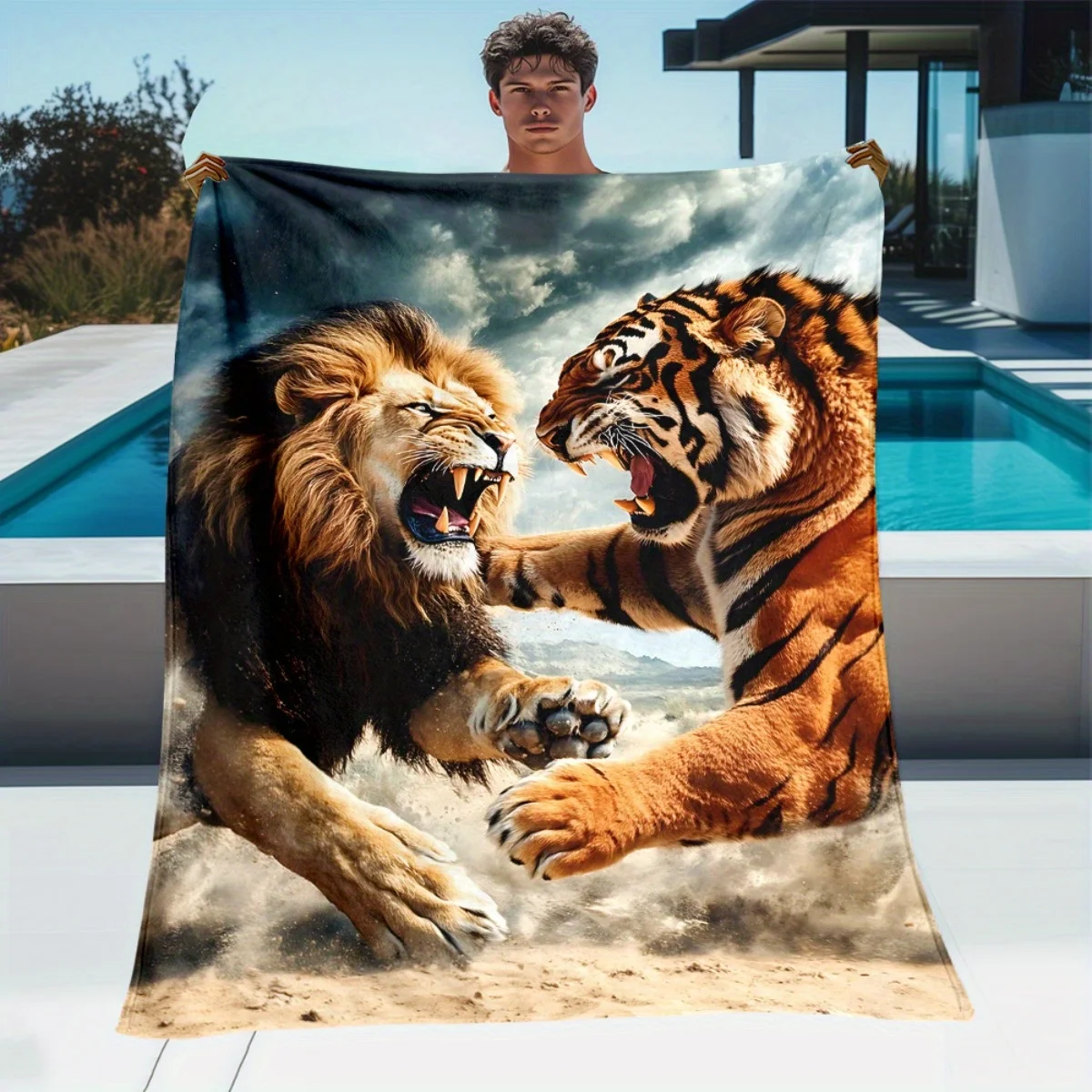 1pc Lion and Tiger in a Confrontation Blanket-Lightweight Flannel Home Furnishings Bedding Blanket Suitable for Sofas Beds Trave