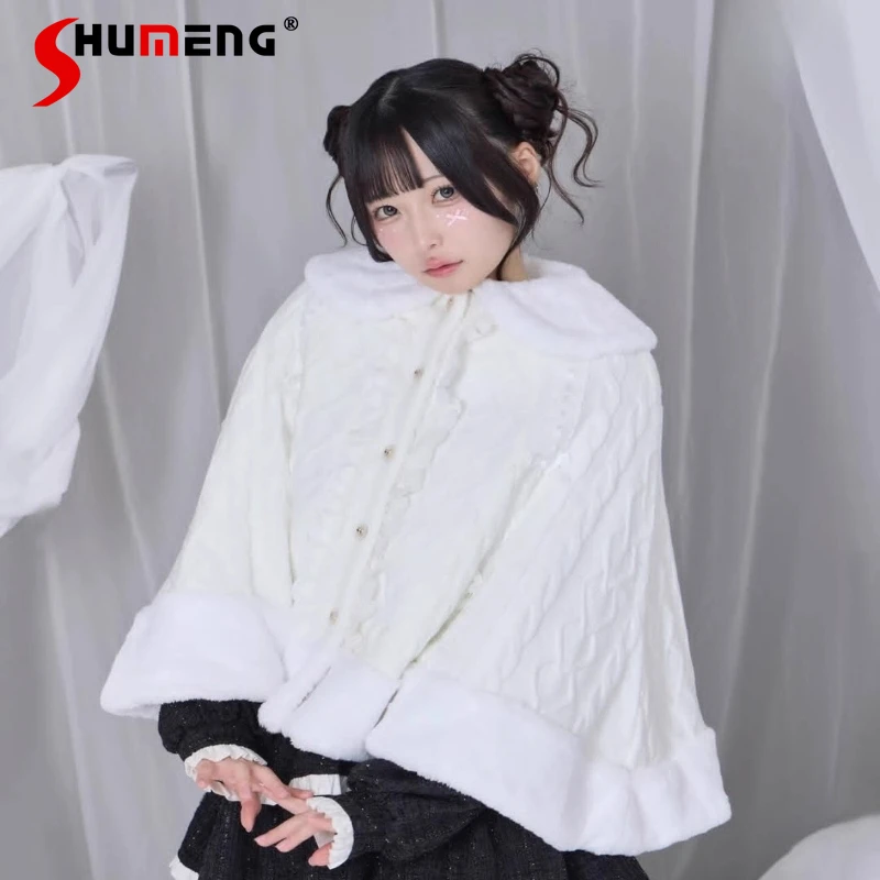 

2025 Japanese Sweet Knit Hooded Cloak Autumn Winter New 2025 Women's Loose Slim Daily Warm Capes Girls Plush Short Knit Jacket