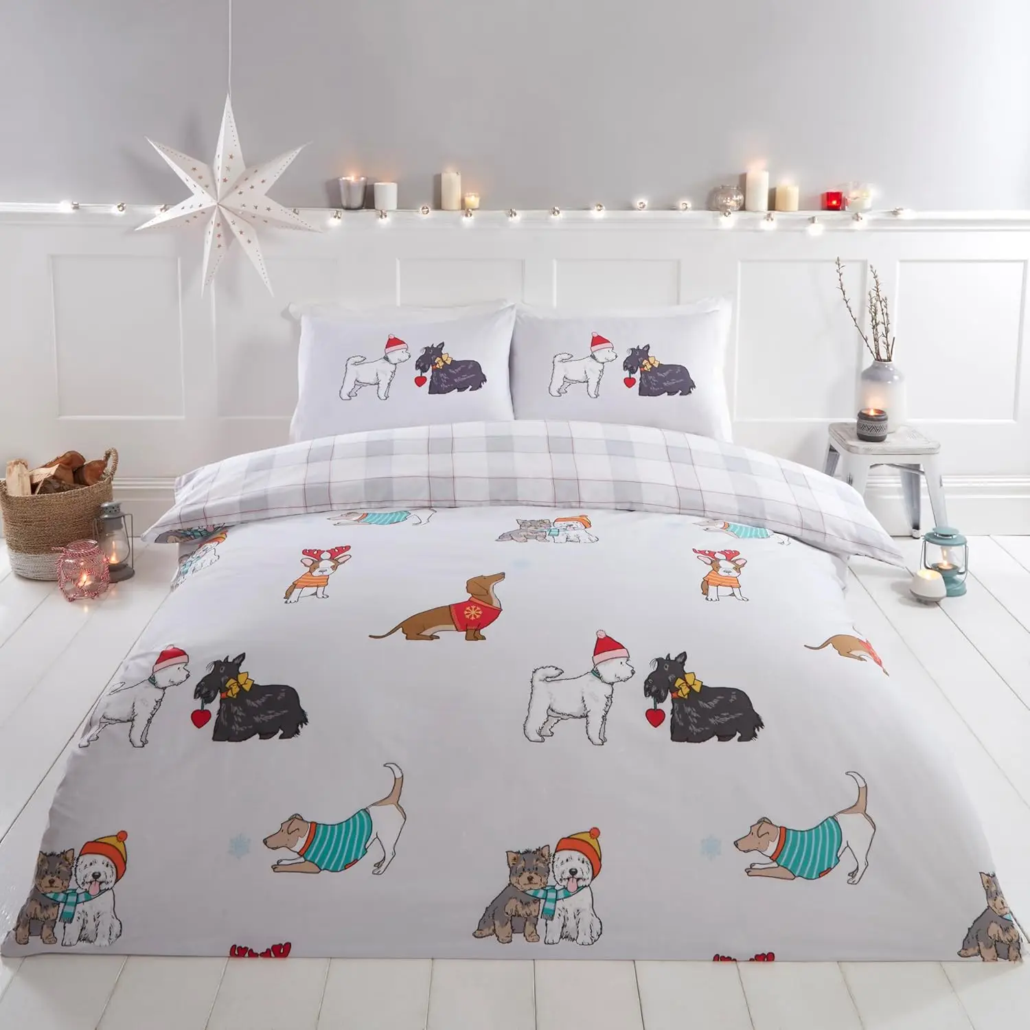 Christmas Dog Duvet Cover Set, Poly, Multi, Single 2 Pillowcases Zipper Closure Soft Microfiber Bedding Set Queen King Size