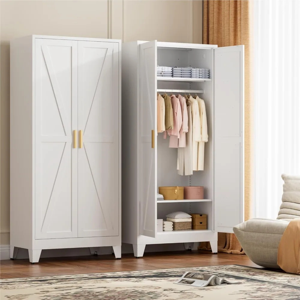 خزانة ملابس معدنية قائمة بذاتها بطول 71 بوصة مع أرفف قابلة للتعديل وقضيب تعليق، وخزانة خزانة ببابين لغرفة النوم
