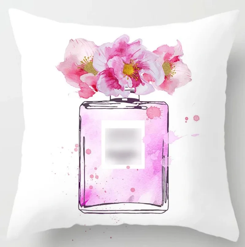 Brand Perfume Bottle Pillowcase Fashion Women Favor Cushion Home Decorative Peach Skin Velvet Perfume Sofa Pillow Cover