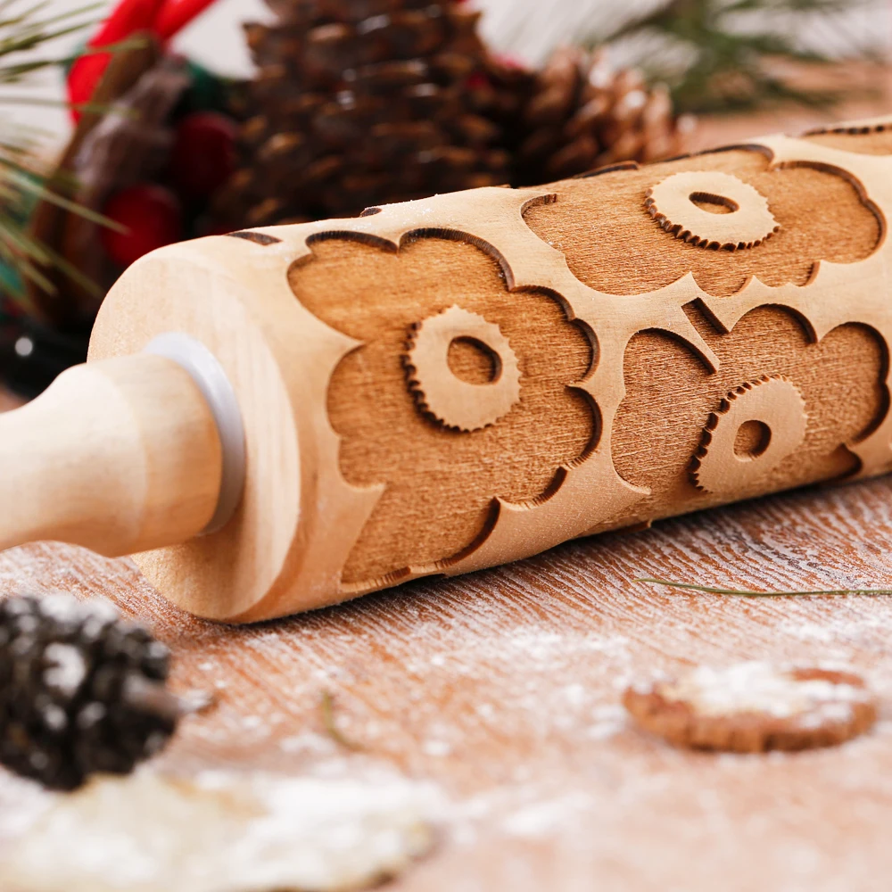 1pc 13.7in Wooden Big Flowe Embossed Rolling Pin For Kitchen Pastry Baking Tools,Flower Deep Engraving Cookies Stamp Tool