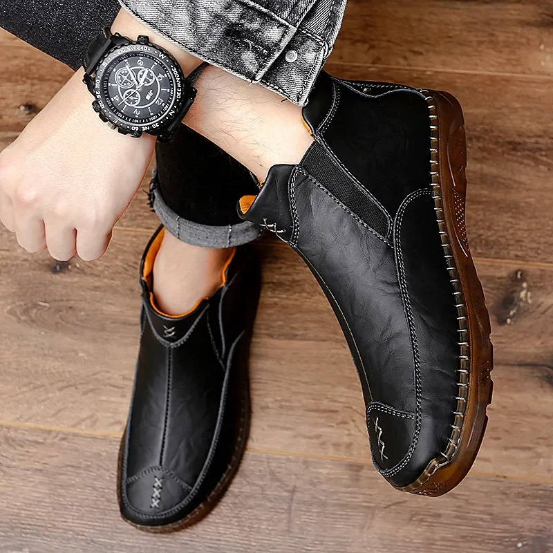 Autumn Winter Elegant Chelsea Boots Leather Men Shoes Round head Luxury designer Ankle boots Anti slip black Slip-on Big Size 47