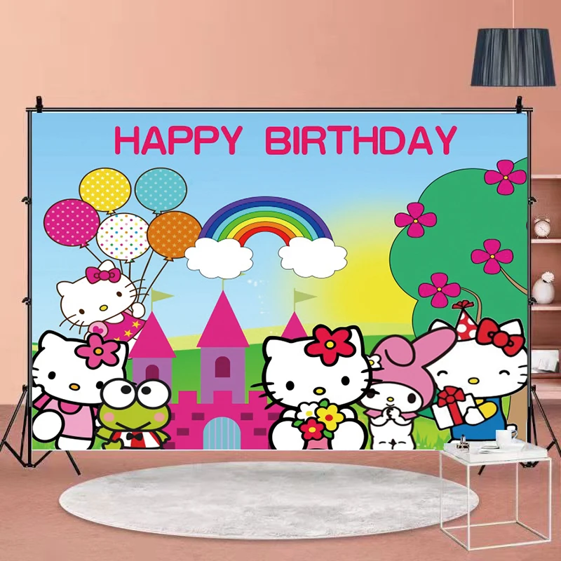 Cartoon Hello Kitty Girl Birthday Party Backdrop Customized Happy Birthday Baby Shower Kitty Vinyl Background Studio Photography