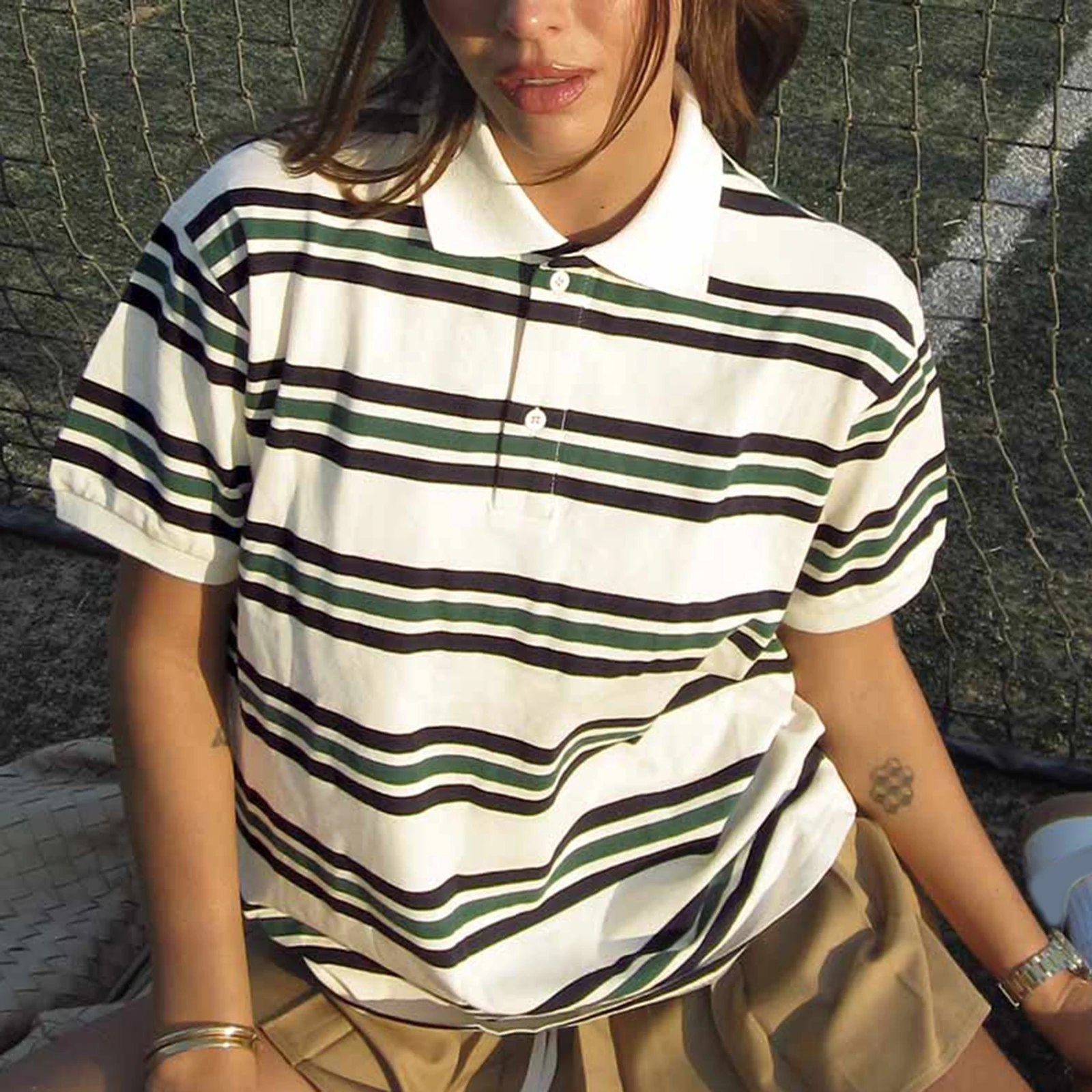 

Summer Women Casual Basic T-Shirt Striped Print Lapel Short Sleeve Tops for Streetwear Aesthetic Grunge Clothes