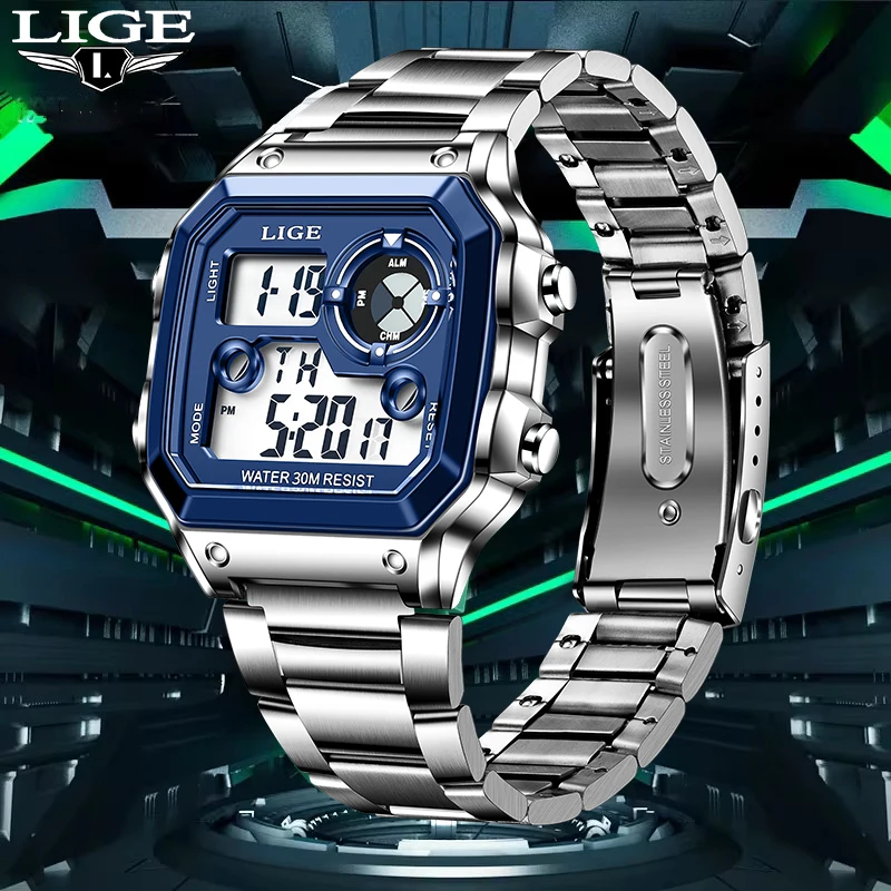 LIGE Square Fashion Luxury Orologio elettronico da uomo Orologio sportivo casual luminoso in acciaio inossidabile per uomo Sveglia settimanale impermeabile con data