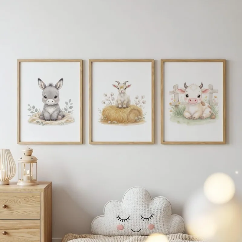 (NoFrame 3PCS)-3pcs(Canvas Poster Unframes)Farmhouse Friends Wall Art Set, Baby Farm Animal Prints, Country Nursery Decor, Ba