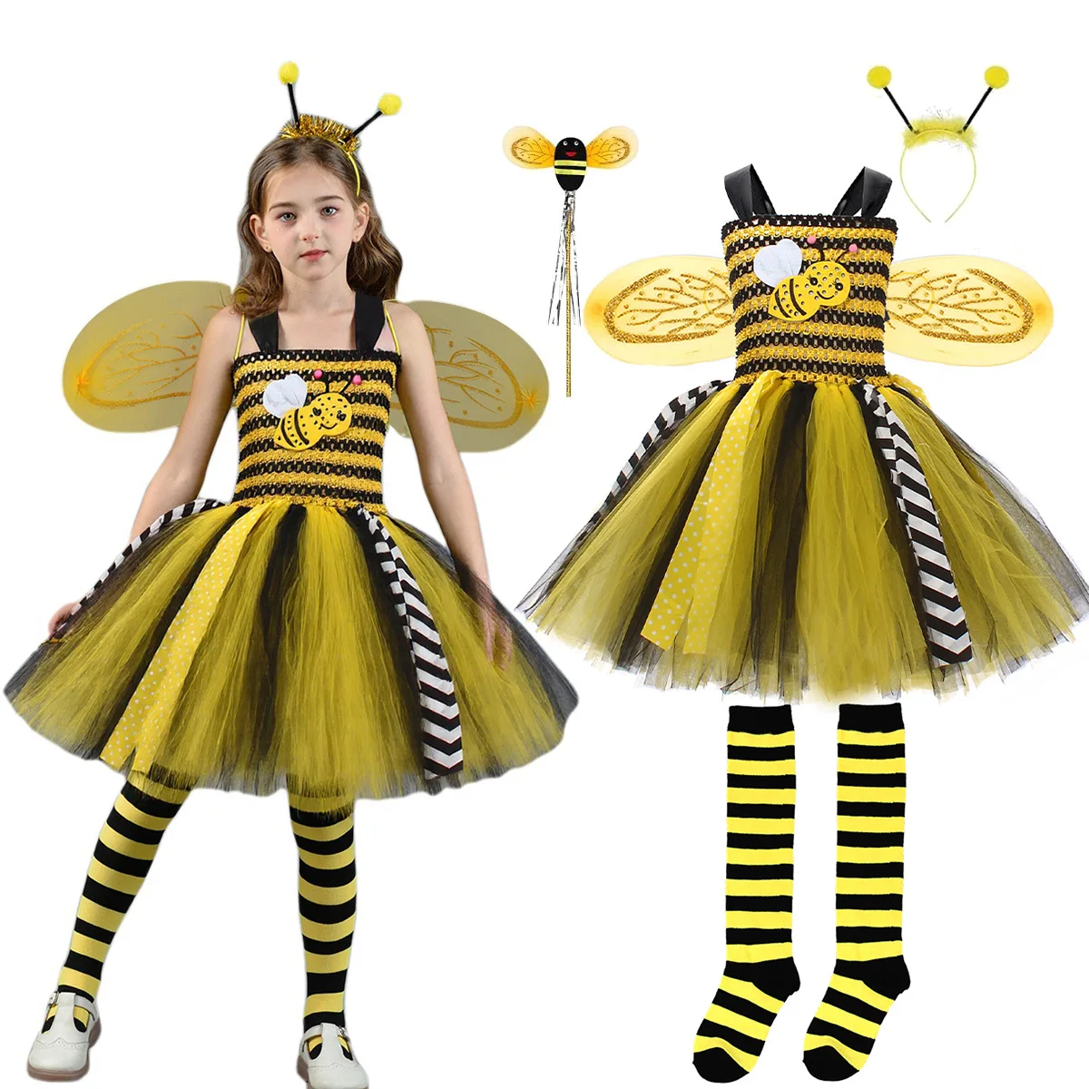 

NEW Girls Cosplay Bee Costume Sleeveless Tulle Dress Headband Leg Warmers Wand Wing Sets for Cosplay Party Halloween Outfit