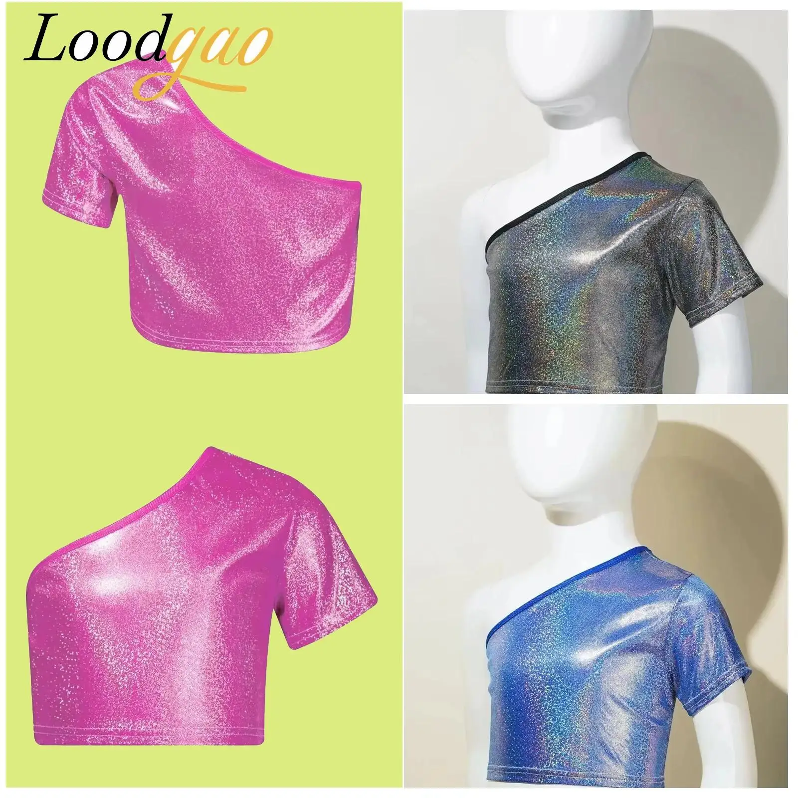 

Girls Dance Crop Top Fashion Streetwear School Show Dancewear Cheerleading Metallic Single Shoulder T-shirt Jazz Dance Clothes