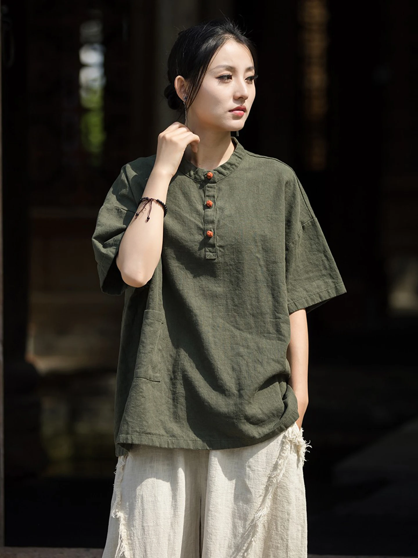 New Chinese Style Cotton Linen Short Sleeve Women's T-shirt Summer High End  Silk Color Block Button Tea Costume Ligh...