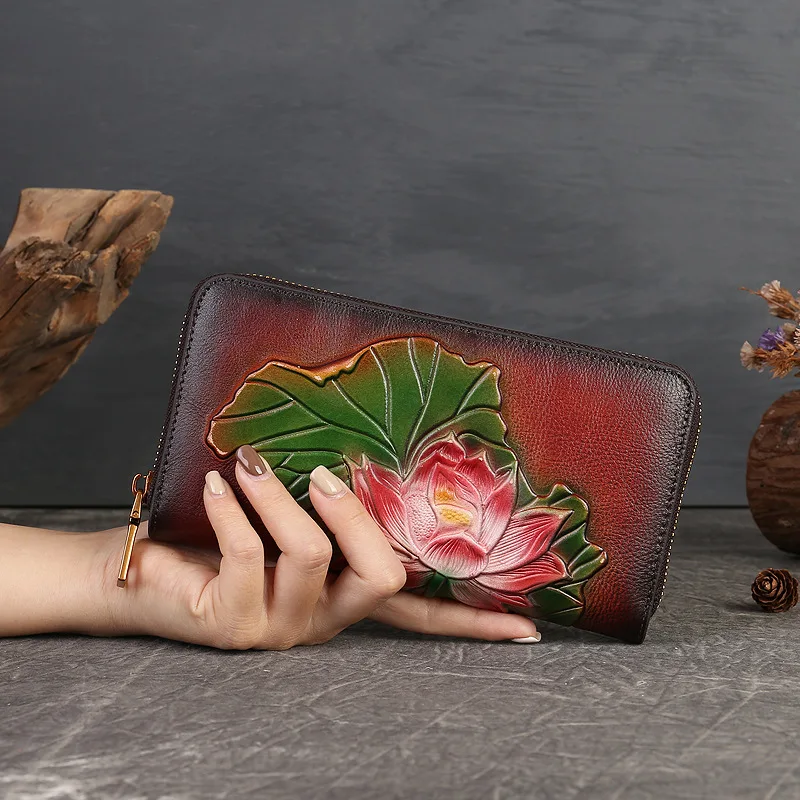 First Layer Cowhide Large Capacity Women's Wallet Retro Embossing Genuine Leather Wallet Long Fashion All-Matching