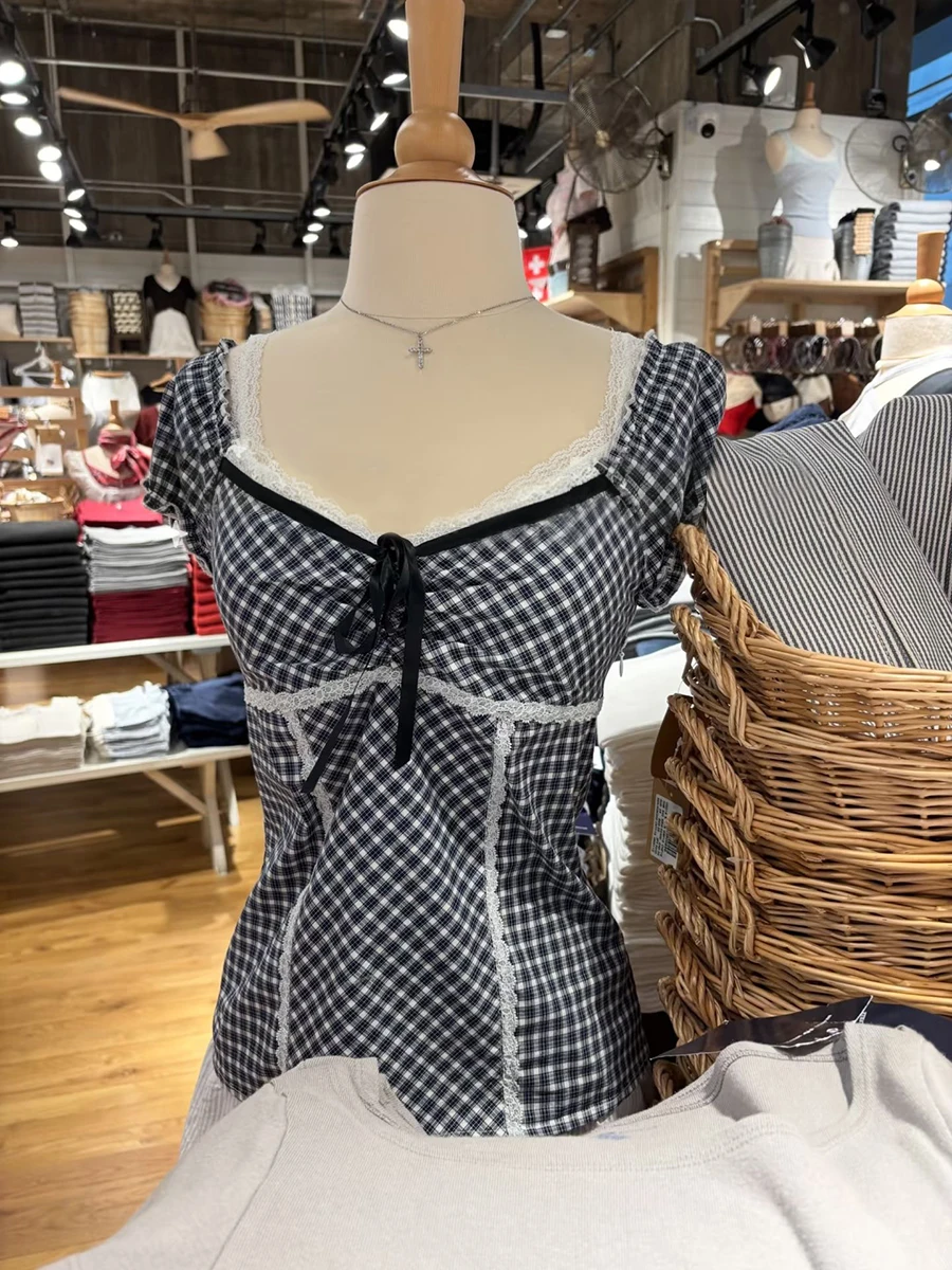 Black Plaid Lace Trim Slim T-shirt Blouse Woman Summer Bow Folds Square Collar Short Puff Sleeve Shirts Vintage Cotton Tee Tops