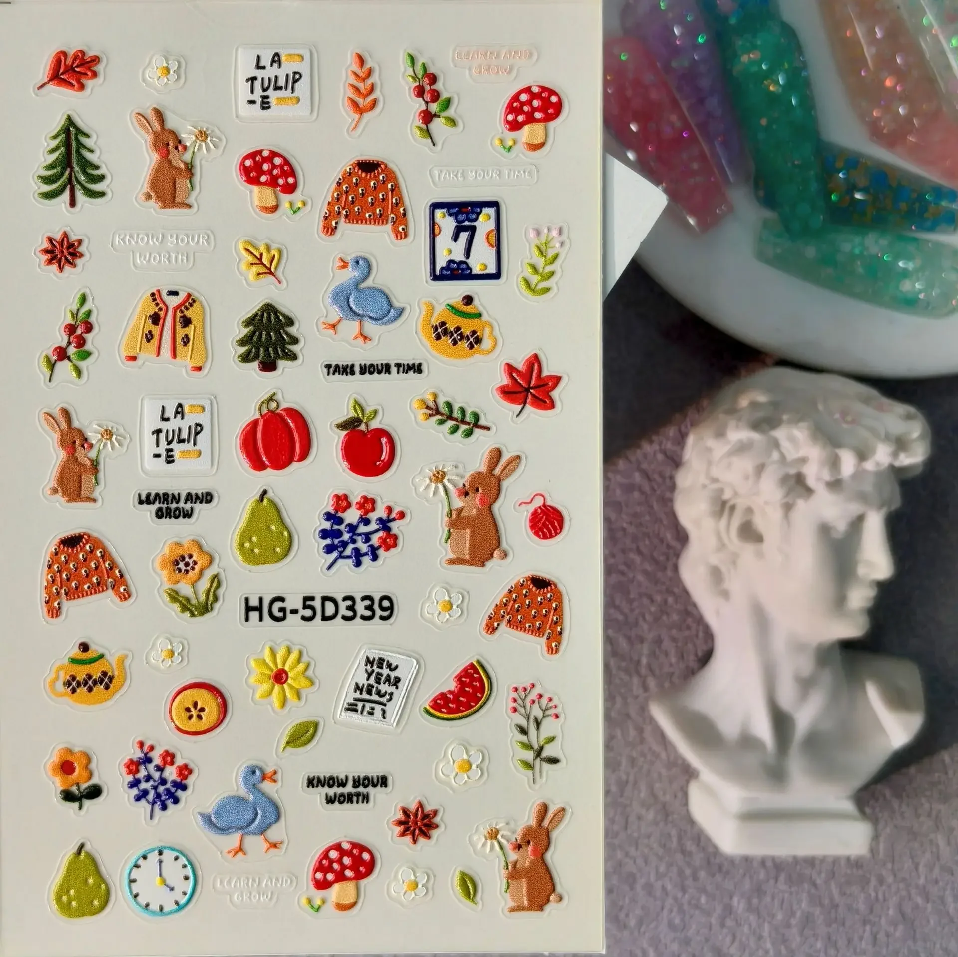 1 Set 5D Embossed Picnic Bunny Nail Stickers Pastoral Mushroom Waterproof Self Adhesive DIY Manicure Nail Art Decor Ornaments