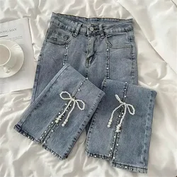 Autumn Sweet High Waist Split Flared Denim Pants Women Elegant Chic Beading Bowknot Boot Cut Pants Girls Vintage Fairy Jeans