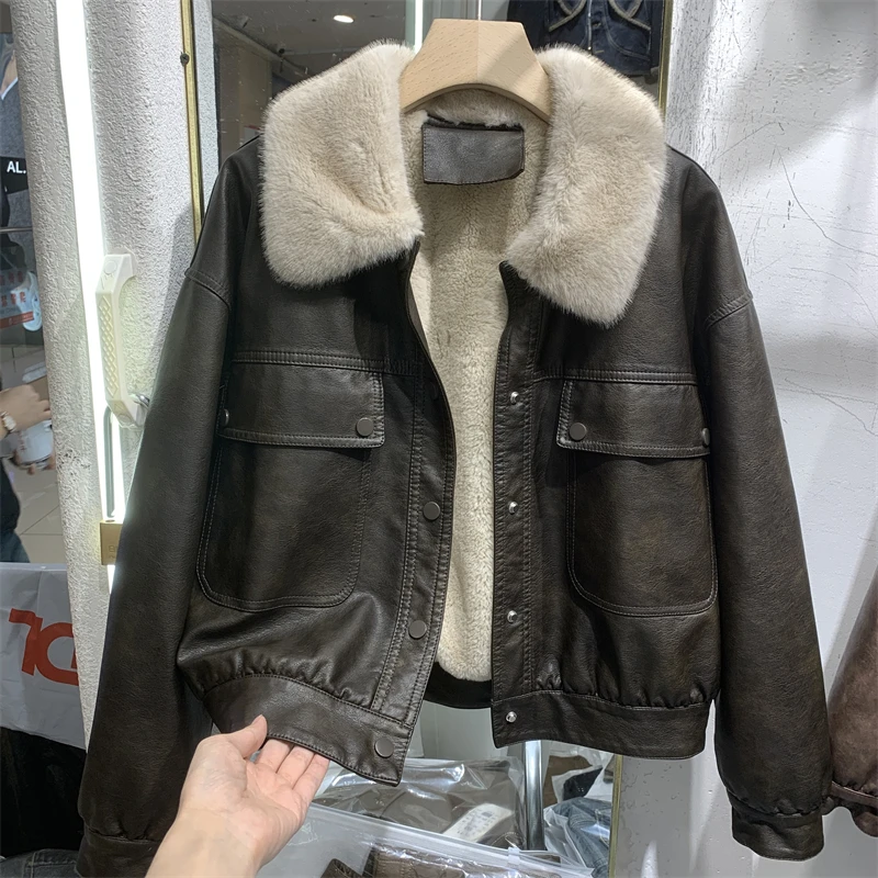 Women's Winter Fleece Lined Genuine Leather Jacket Motorcycle Sle Short Coat Rabbit Fur Inner Warm Commuter Straight Cut Top