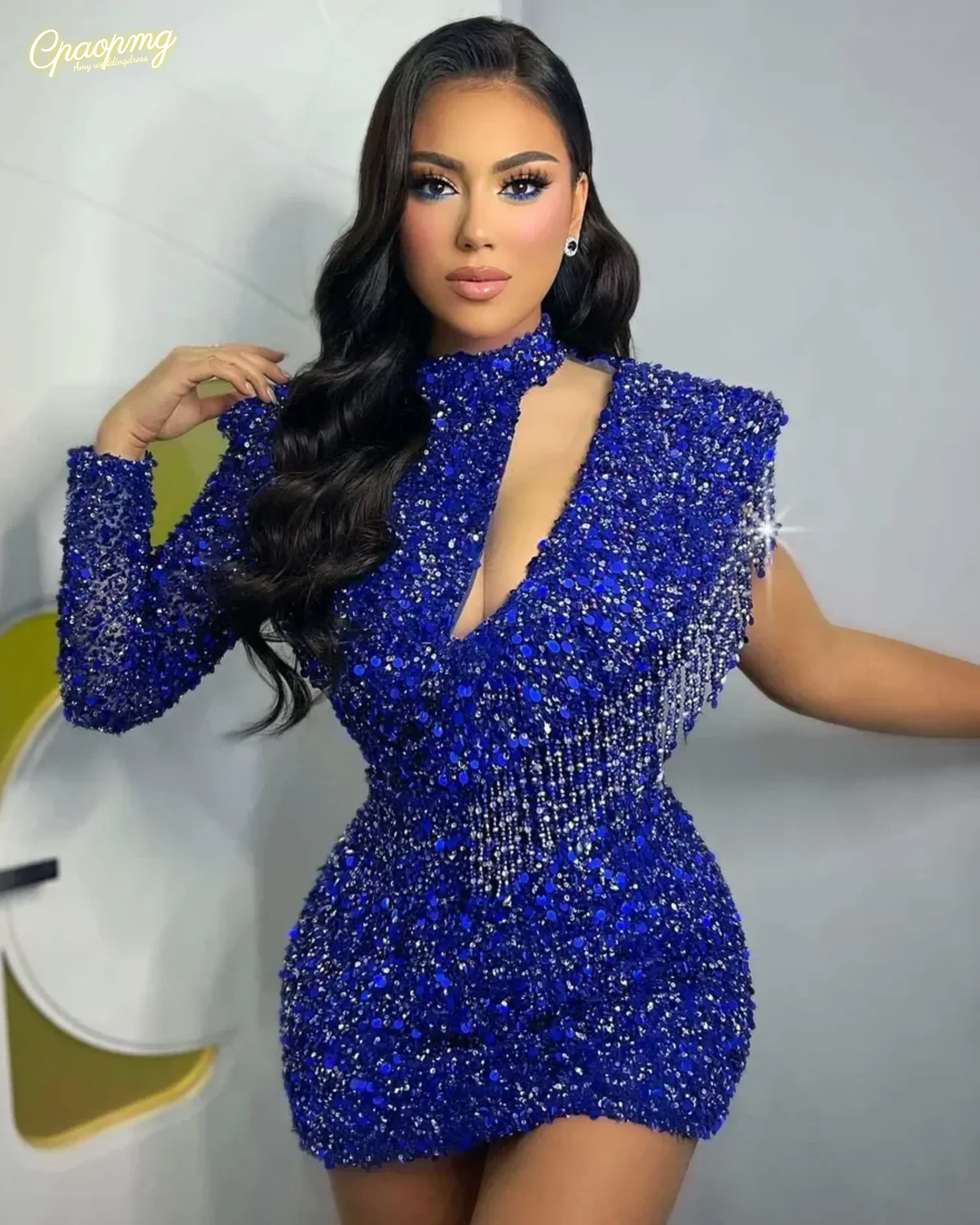 Personalizado plus size azul real vestidos de cocktail feminino curto vestidos de baile alta pescoço mangas compridas miçangas vestido de festa de aniversário