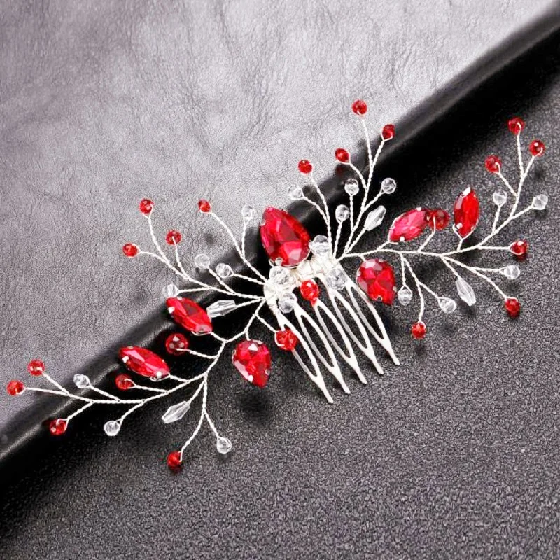 Wedding Comb Head Jewelry Bride Hair Clips Headpiece Red Crystal Women Tiaras Bridal Hair Accessories Women Hair Ornaments