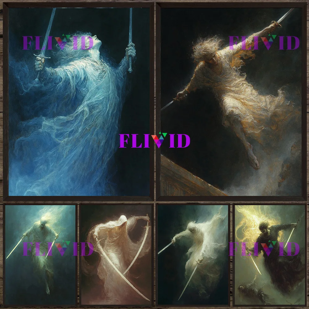 

Fantasy Sword-Wielding Ghost Wall Art Canvas Painting,Symbolizing Courage&Strength Art Poster Infuses The Home Guardian Energy
