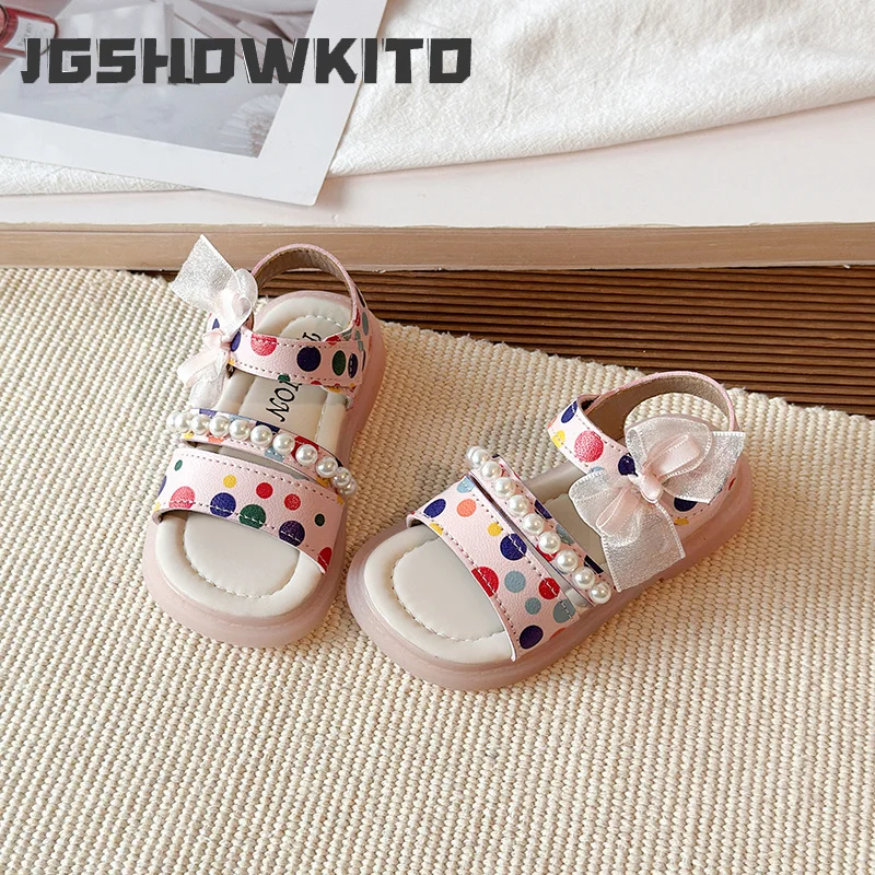 JGSHOWKITO Girl Polka Dot Sandals Outdoor Summer Children Bow Fashion Shoes Princess Wedding Party School Kids Dress Flat Sandal