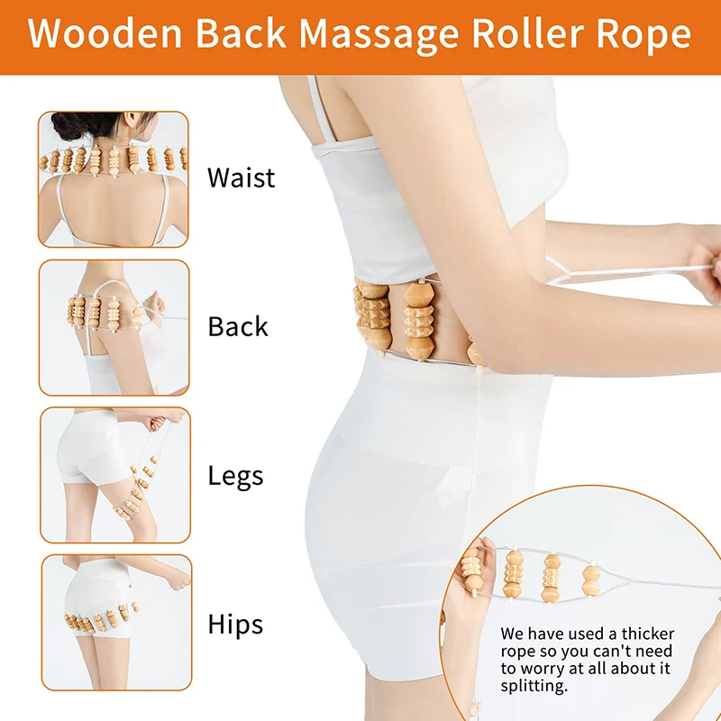 1 PC Wood Massage Roller, Wooden Therapy Cellulite Massage Tools, Wood Manual Back Massager Roller Rope for Leg Back Pain Relief