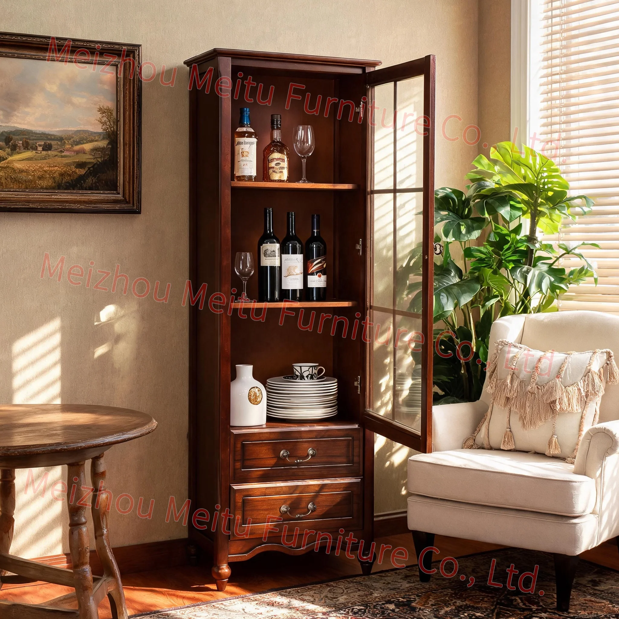 Rustic Farmhouse Glass Display Bar Hutch With Drawers, Tall Narrow Storage Unit, Solid Wood 1-Door Wine Cabinet For Living Room