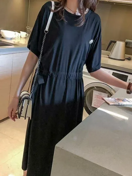 

plus Size Korean Style T-Shirt Maxi Dress Belted Waist Slimming Over-Knee Length Casual A-Line Skirt Polyester Fiber