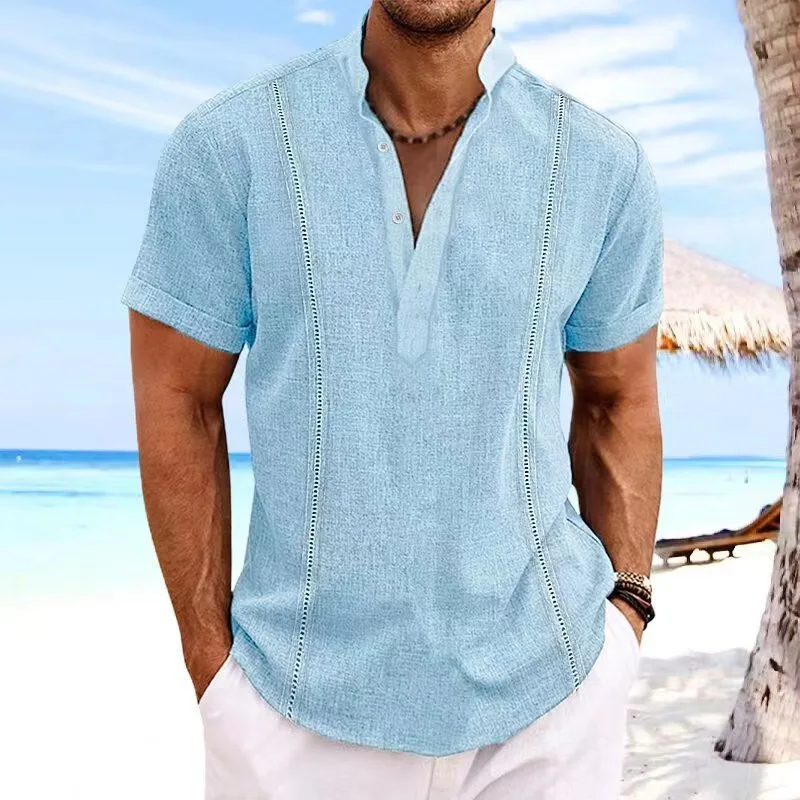 

New Summer Men's Solid Color Cotton Linen Henley Shirt Casual Guayabera Short Sleeve V-neck Beach Tops for Vacation & Daily Wear