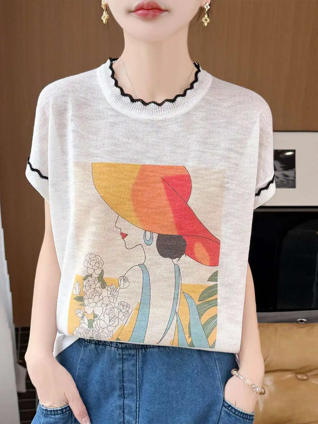 Laid-back Style Ice Silk Knitted Short Sleeve T-shirt Women Summer round Neck Color Block Youthful High-End Breathable Top