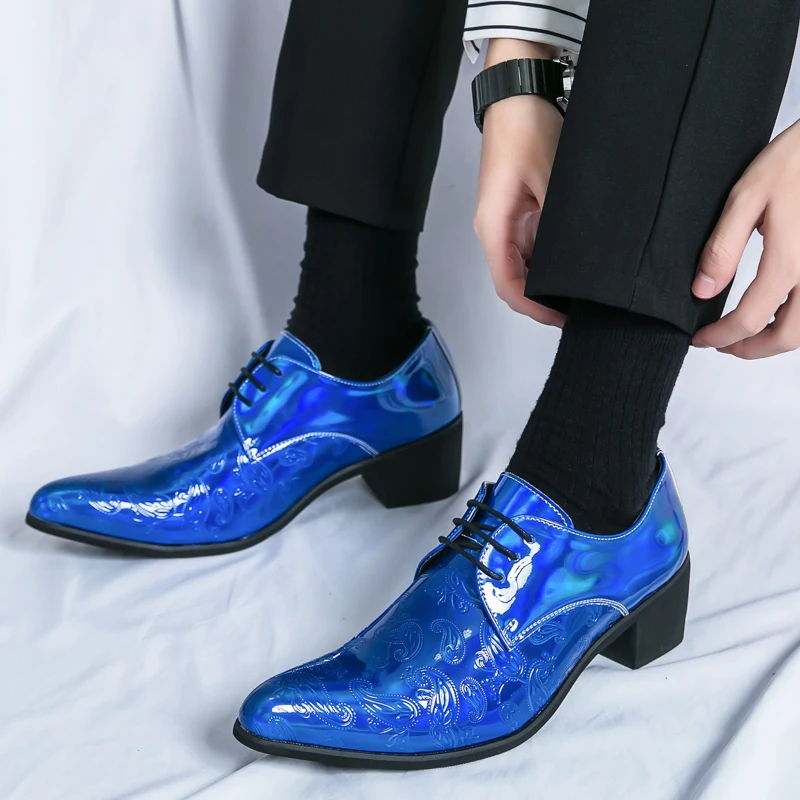 Luxury Designer New Arrival Men's Charm Blue Black Pointed Lace Up Shoes Male Formal Wedding Prom Dress Prom Loafers Homecoming