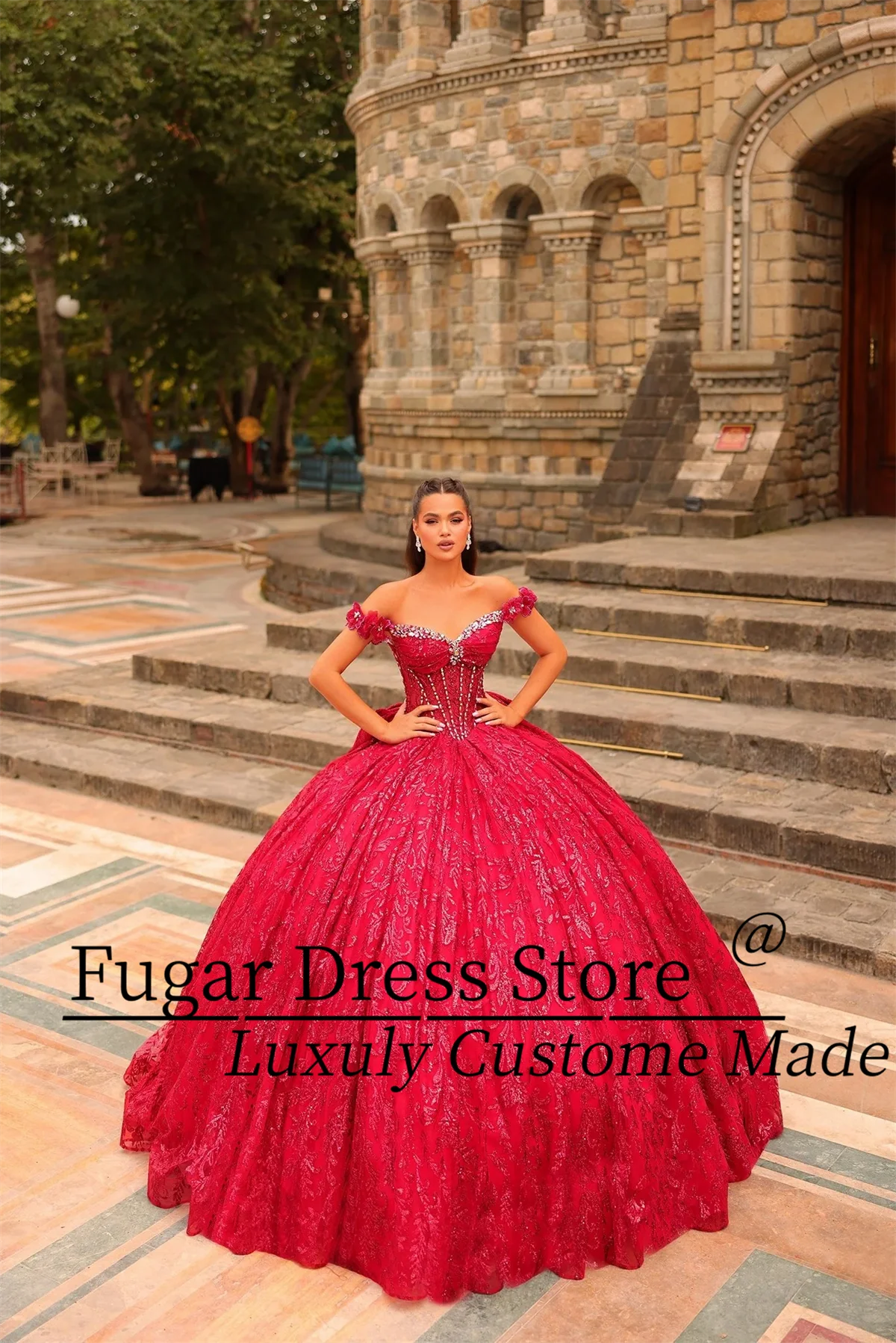 

Fashion Red Quinceanera Dresses 3 dimensional flowers Multi layered sparkling chiffon Dazzling jewelry inlay vestidos para niñ