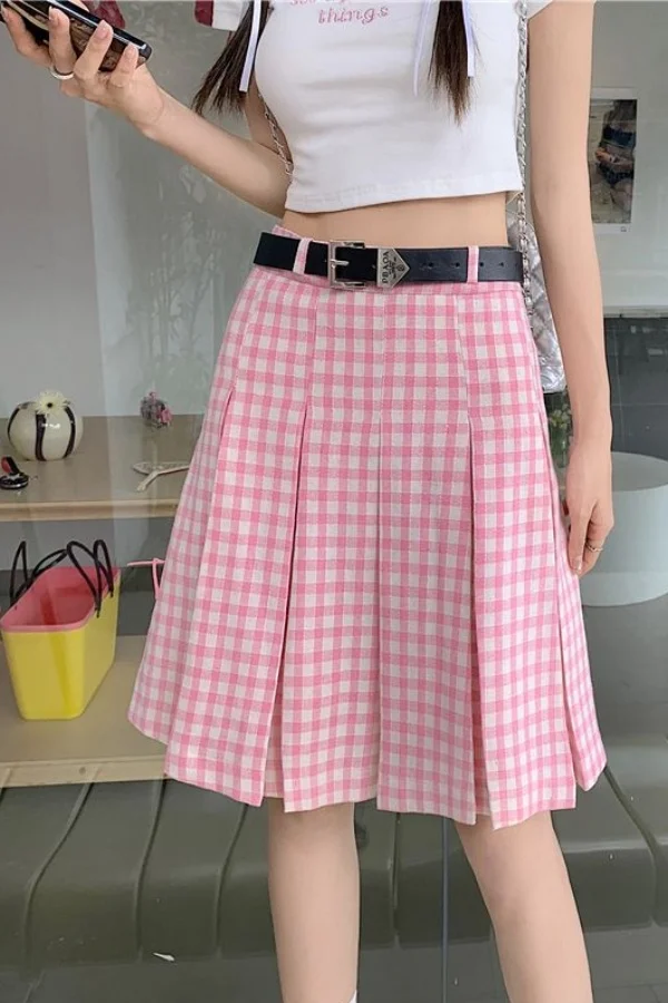 

High End Pink Plaid Pleated Midi Skirt for Women Summer High Waist Slimming A Line Skirt Student Style Cute and Stylish Skirt