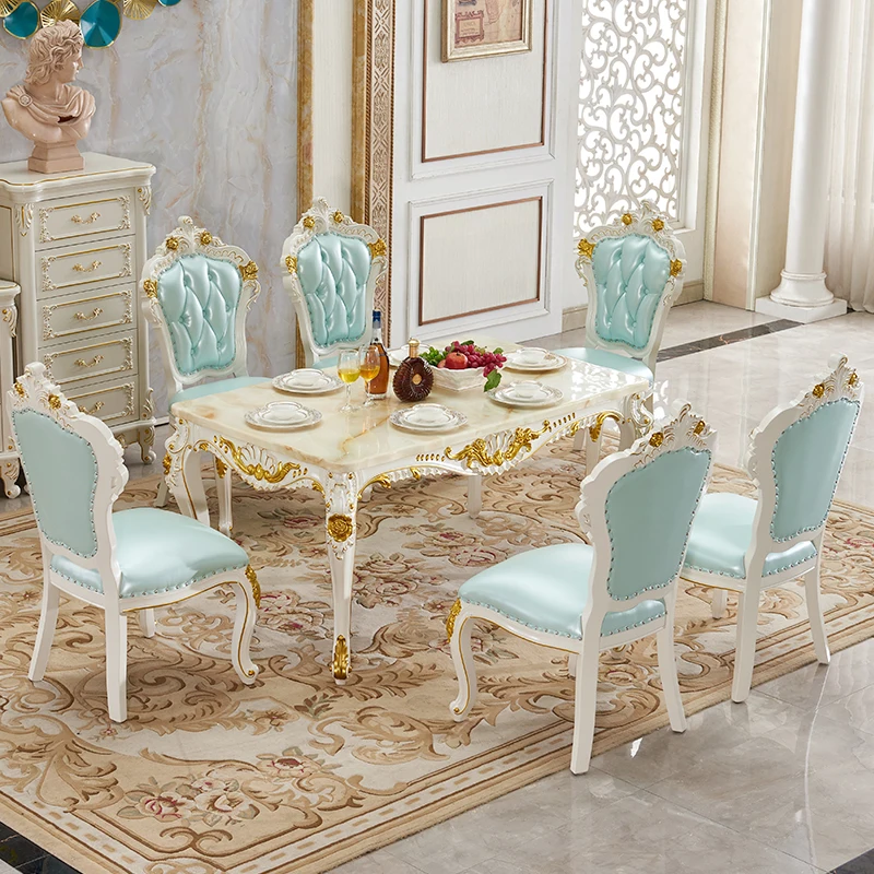 European style marble dining table and chair combination full solid wood carved dining table villa small unit restaurant