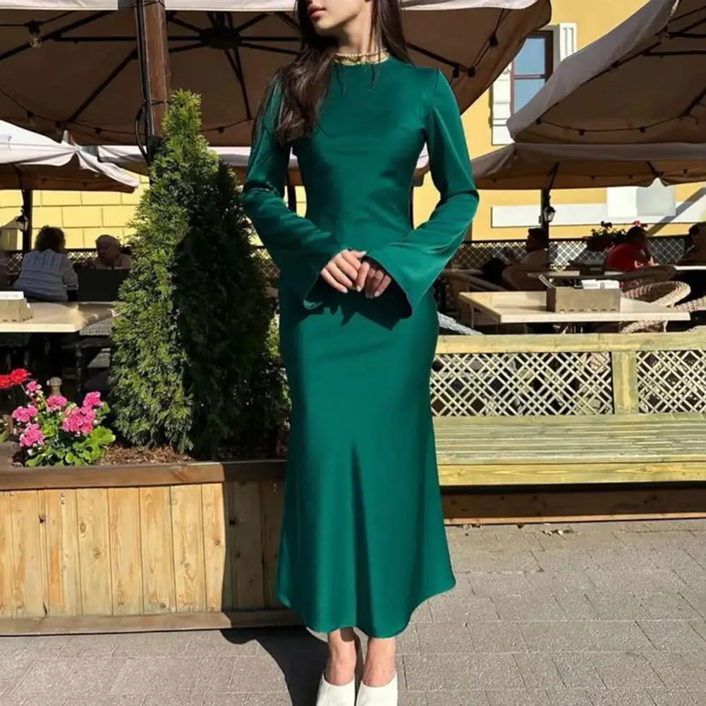 Women Party Dress Long Sleeve Solid Color Round Neck Soft Tight Waist Sheath OL Commute Style Slim Fit Ankle Length Maxi Dress