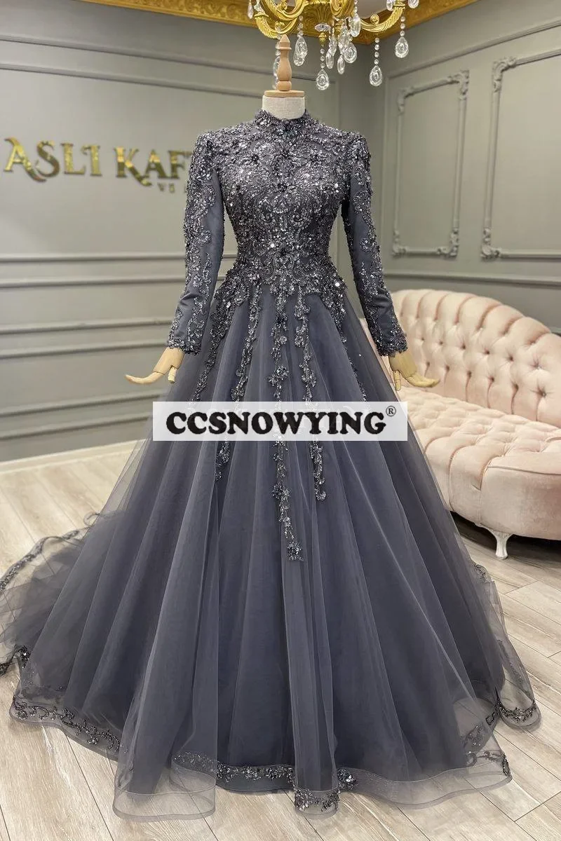 Luxury Appliques Beaded Muslim Evening Dresses Islamic Tulle Long Sleeve Hijab Formal Party Gown Arabic Dubai Moroccan Caftan