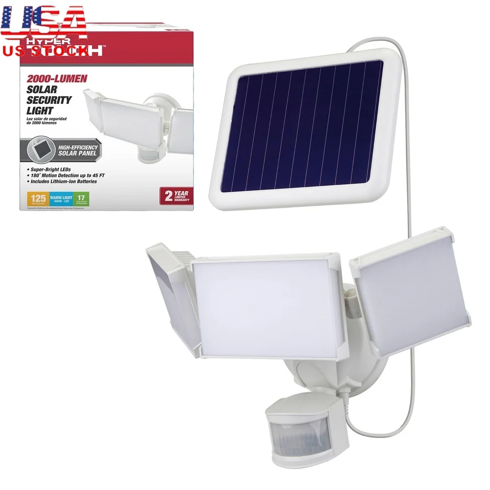 

Solar Powered Three Head LED Motion Sensor Flood Light 2000 Lumen Adjustable Detection Angle Outdoor Security Lighting Water
