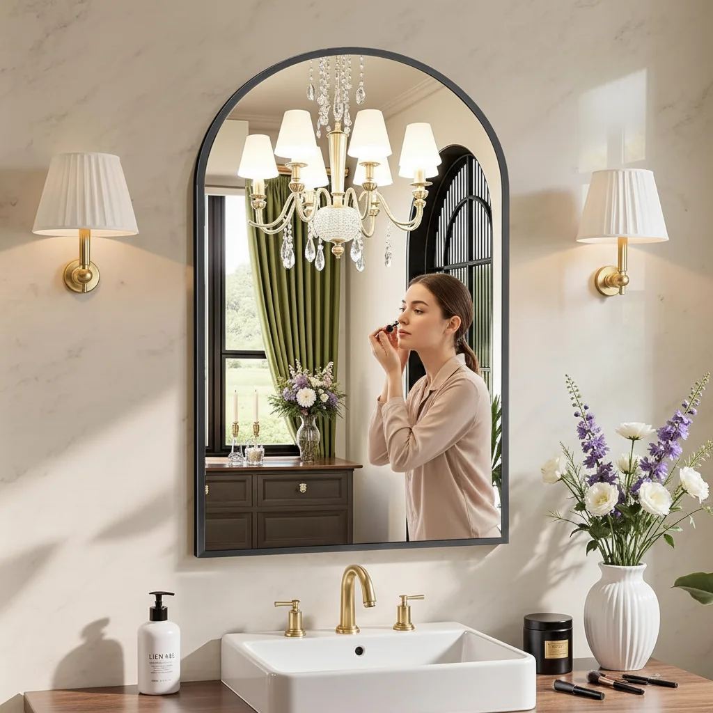 مرآة حائط حمام سوداء مقوسة مقاس 26 × 38 بوصة، مرآة زينة أنيقة للنوم أو الكلية، تصميم مريح يومي حديث #4