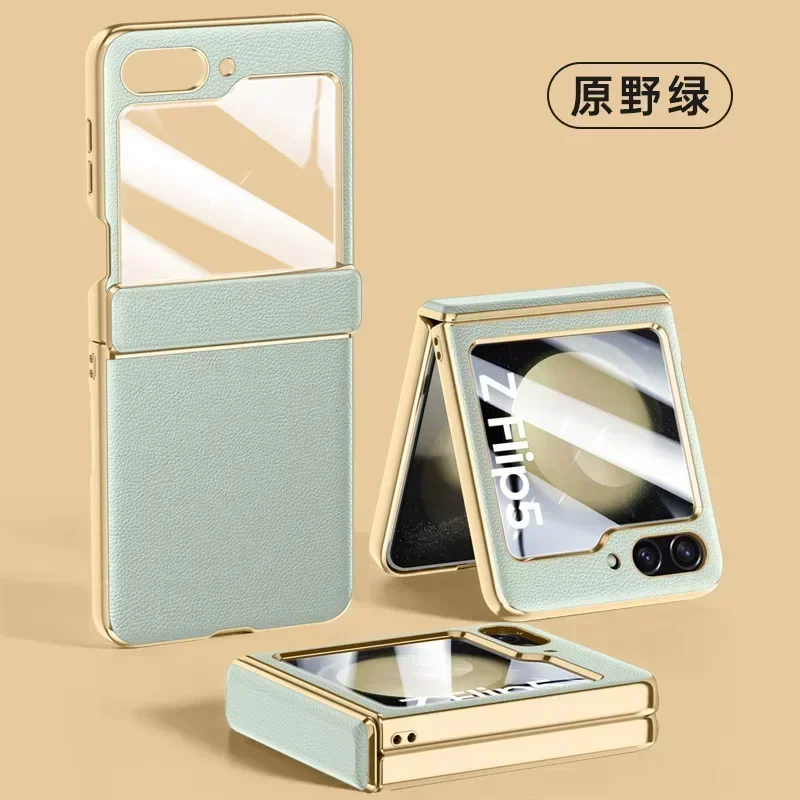 

Cases For Samsung Galaxy Z Flip5 Phone Case Electroplated Leather Spring Hinge Shell Film All-Inclusive Z Flip6 Protective Cover