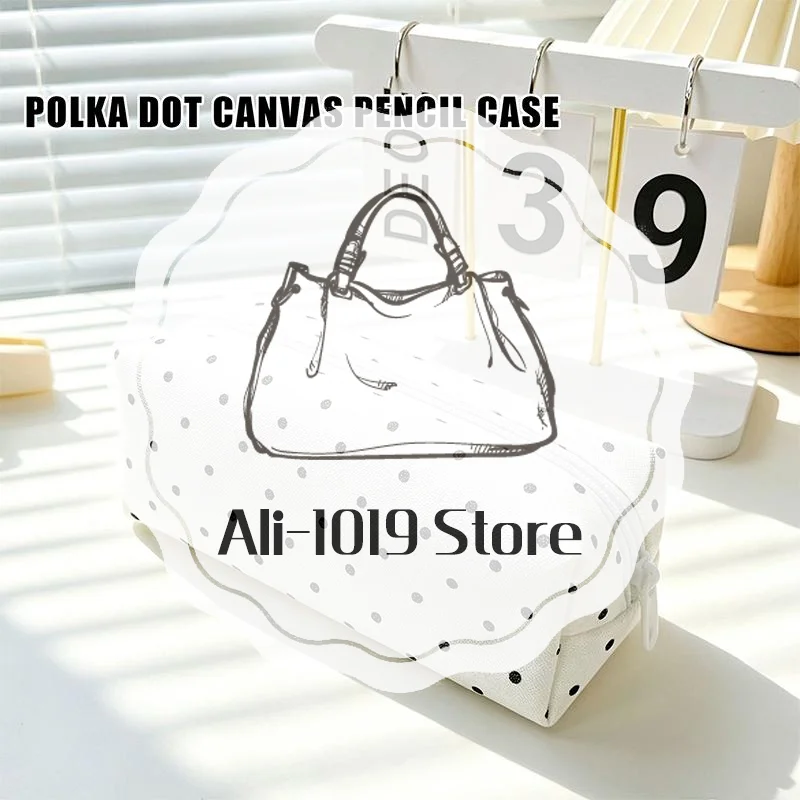 White Polka Dot Canvas Pencil Case With Sturdy Zipper And Large Capacity Perfect For Students School Office Stationery Storage