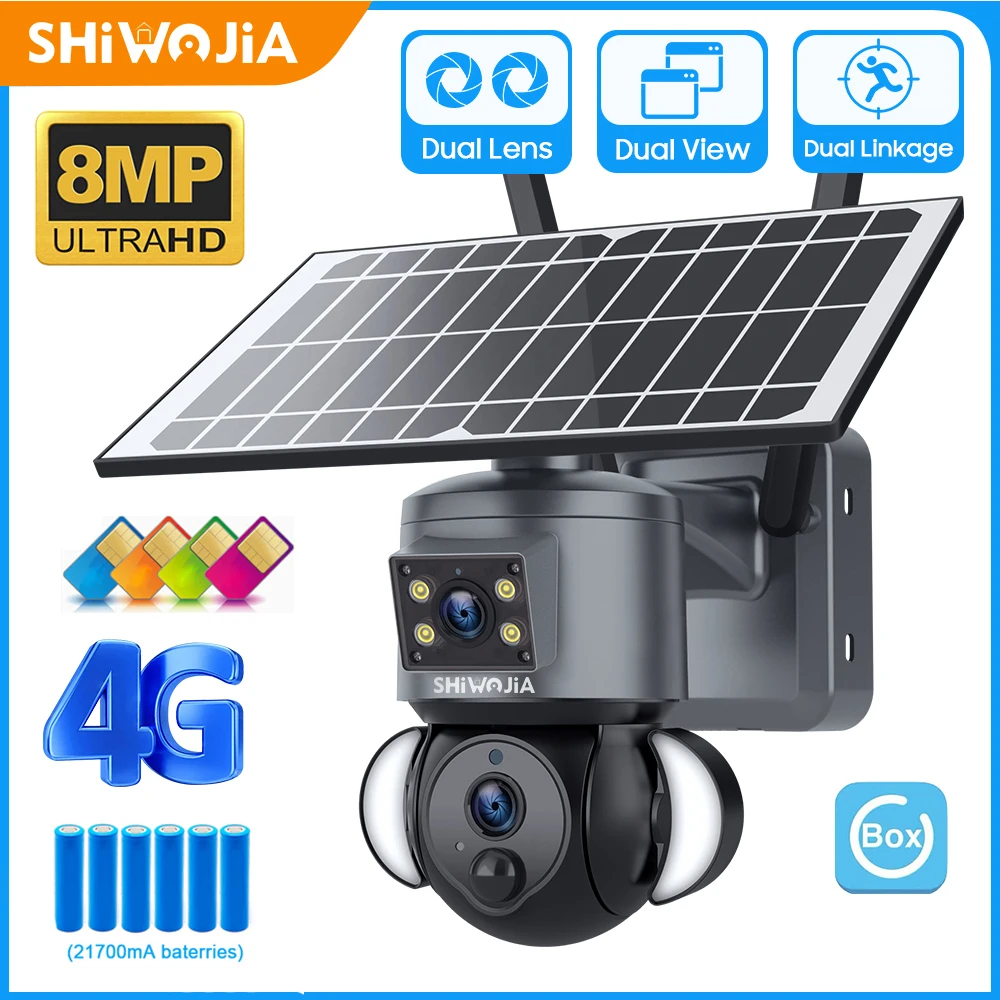 SHIWOJIA 4K 8MP Dual Lens Solar Security Camera 4G SIM 6W Outdoor Solar Surveillance Camera Dual Linkage Humanoid Tracking CCTV