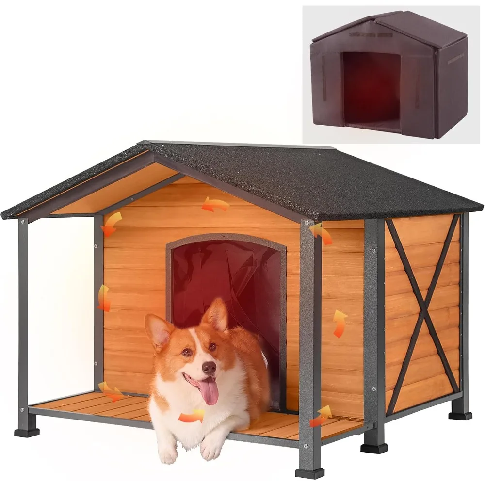 

Dog House Outdoor with Metal Frame, Insulated Dog Kennel Outside for Large Breed, 41.5" Weatherproof Large Dog Shelter