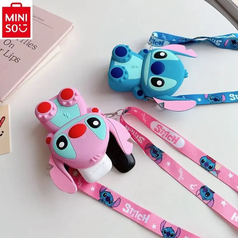 MINISO dompet ponsel anak-anak, dompet silikon kartun imut Stitch Disney, tas penyimpanan selempang multifungsi untuk pelajar