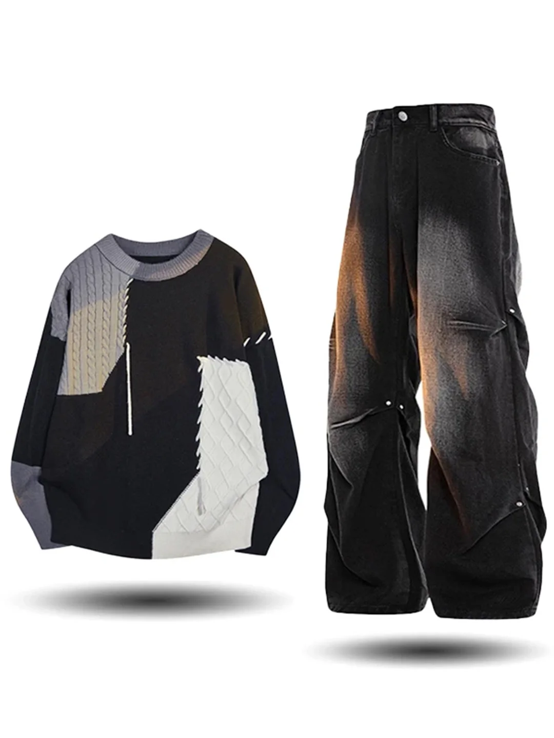 

Модный винтажный джинсовый свитер-костюм мужской, крупной вязки, из двух частей, с заклепками, осенний сезон, молодежный, из полипропилена и полиэстера