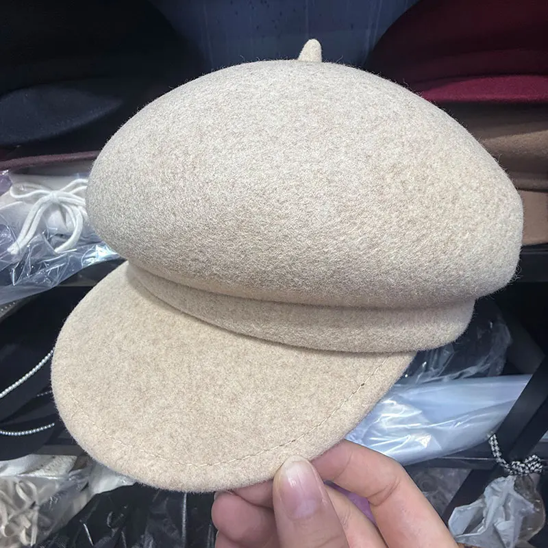 

Korean Designer Wool Berets Fashion Pleated Octagonal Cap Vintage Solid Color Felt Peaked Caps Women Newsboy Painter Artist Cap